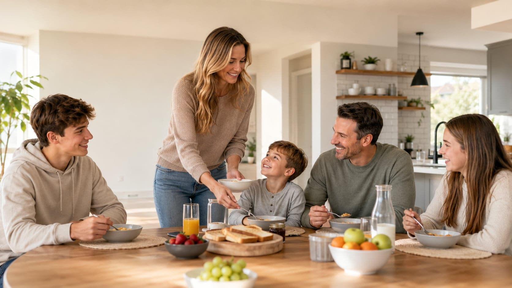 A family sharing breakfast together at the kitchen table